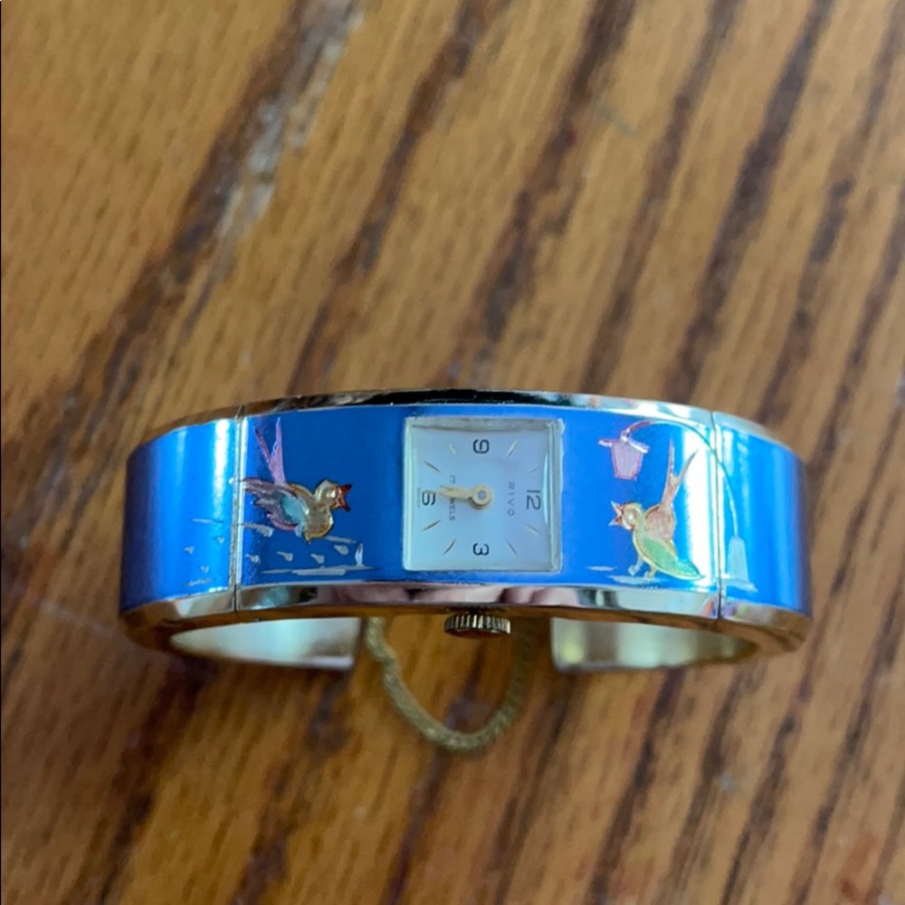 Vintage Rivo 17 Cuff Watch Enamel Bird Scene
